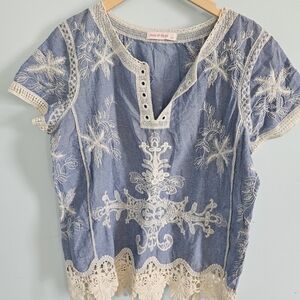 Ana Rose Boutique Boho Chic Blue and Cream‎ Embroidered Blouse Size L